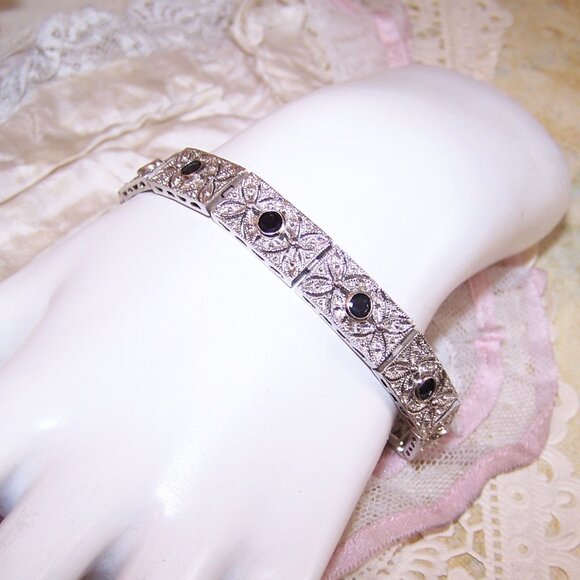 DBJ Dee Berkley Art Deco Revival Sterling Silver Blue Sapphire CZ Link Bracelet - Picture 3 of 9